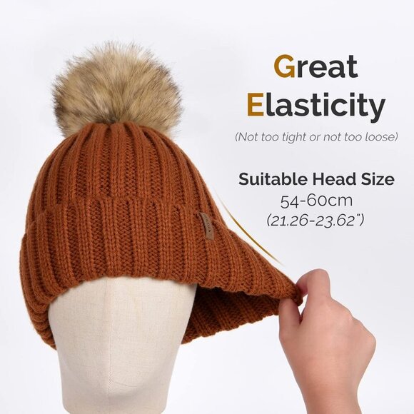 Women\'s Orange Winter Warm Knitted Beanie Faux Fur Pom Knit Skull Style Hat Cap main image 5